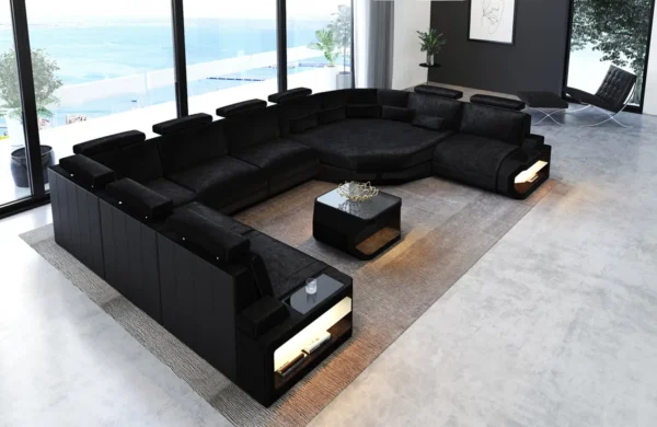 Samtstoff Wohnlandschaft Aurora mit Ottomane U-Form XL