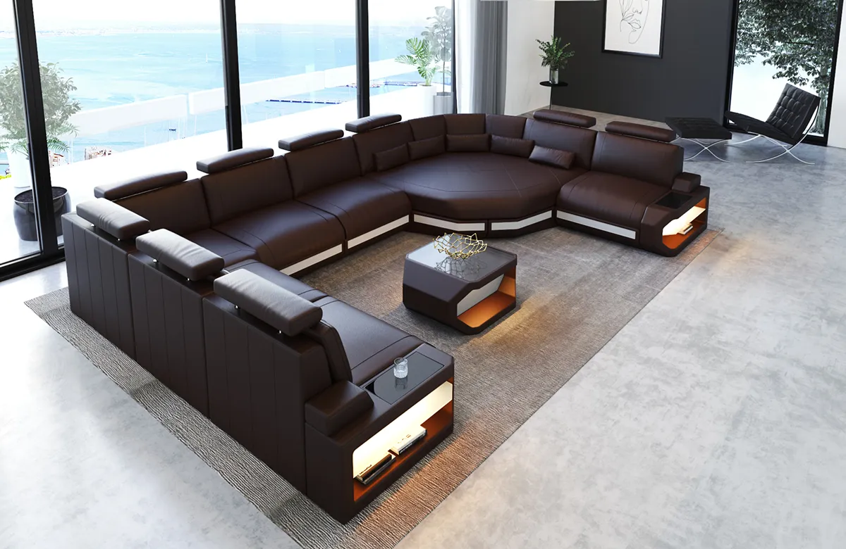 Echtleder Wohnlandschaft Aurora mit Ottomane U-Form XL