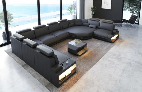 Büffelleder Wohnlandschaft Aurora mit Ottomane U-Form XL – Bild 10
