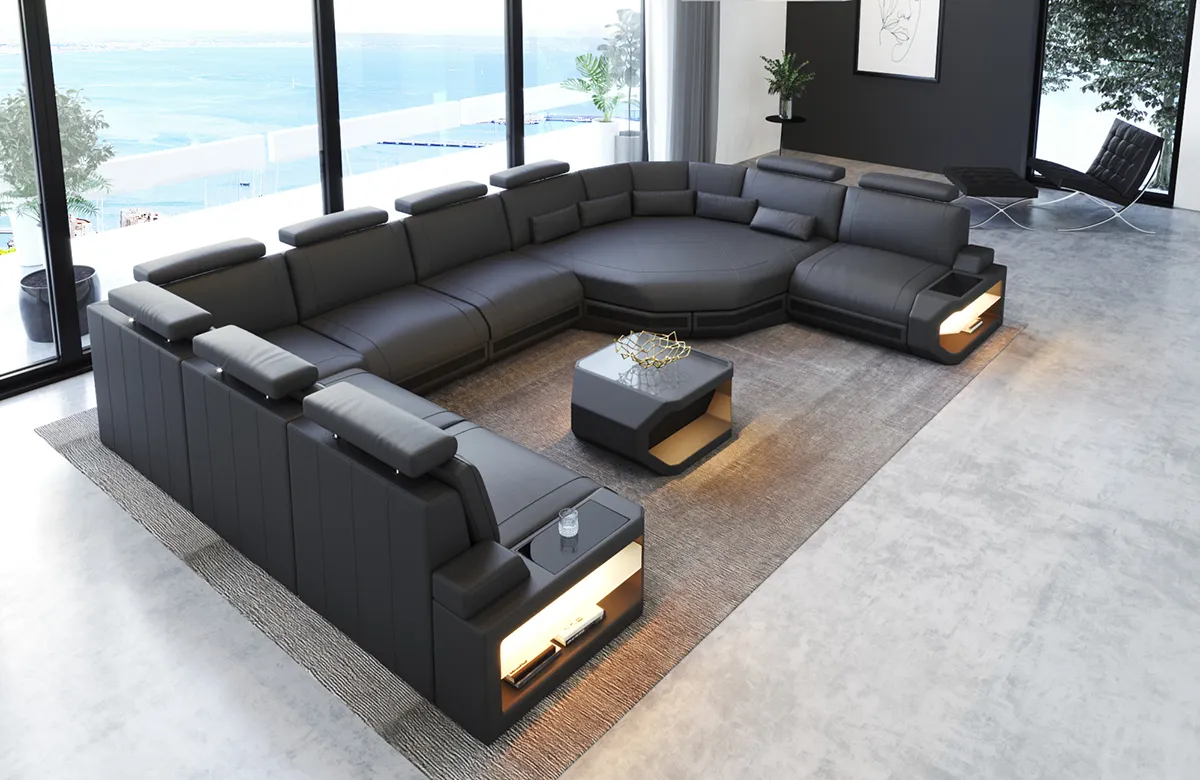Kunstleder Wohnlandschaft Aurora mit Ottomane U-Form XL