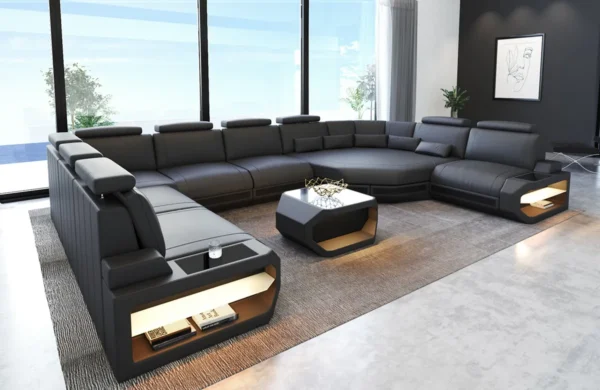 Büffelleder Wohnlandschaft Aurora mit Ottomane U-Form XL – Bild 11