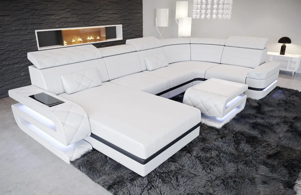 Echtleder Wohnlandschaft Bellavita mit Ottomane U-Form L