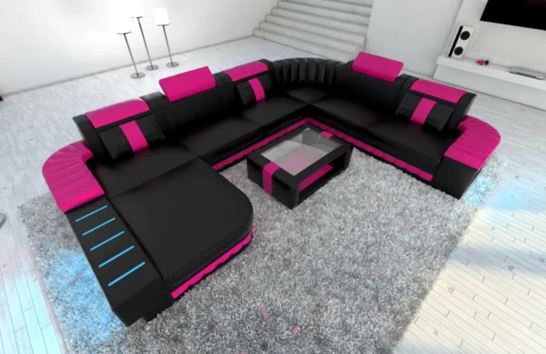 Kunstleder Wohnlandschaft Belvedere mit Ottomane U-Form XL Mini – Bild 19