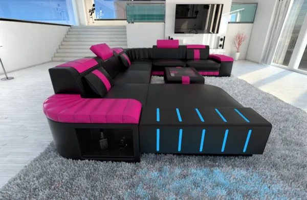 Kunstleder Wohnlandschaft Belvedere mit Ottomane U-Form XL Mini – Bild 20