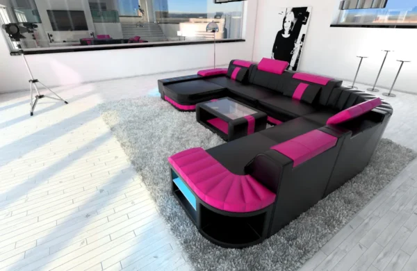Kunstleder Wohnlandschaft Belvedere mit Ottomane U-Form XL Mini – Bild 23