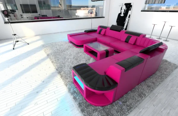 Kunstleder Wohnlandschaft Belvedere mit Ottomane U-Form XL Mini – Bild 5