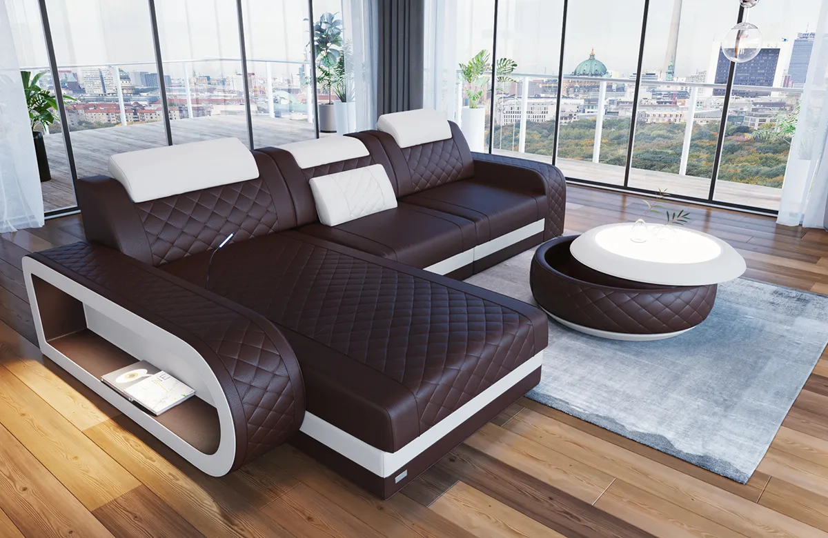 Echtleder Ecksofa Bravelia mit Ottomane L-Form S Mini