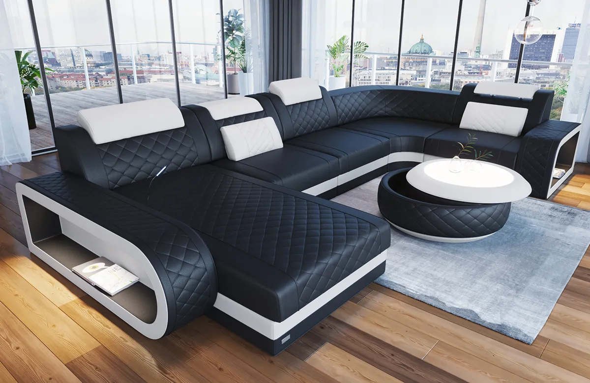 Echtleder Wohnlandschaft Bravelia mit Ottomane U-Form L Mini