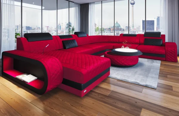Samtstoff Wohnlandschaft Bravelia mit Ottomane U-Form XL Mini – Bild 8