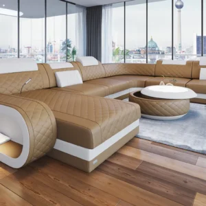 Echtleder Wohnlandschaft Bravelia mit Ottomane U-Form XL Mini