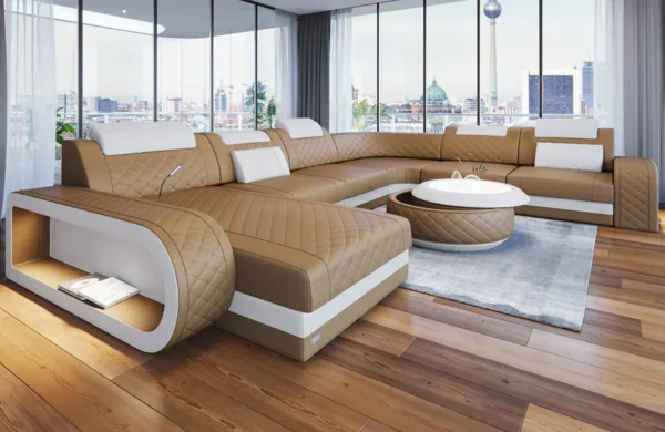Echtleder Wohnlandschaft Bravelia mit Ottomane U-Form XL Mini – Bild 5