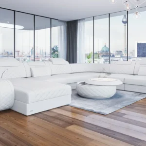 Echtleder Wohnlandschaft Bravelia mit Ottomane U-Form XL Mini
