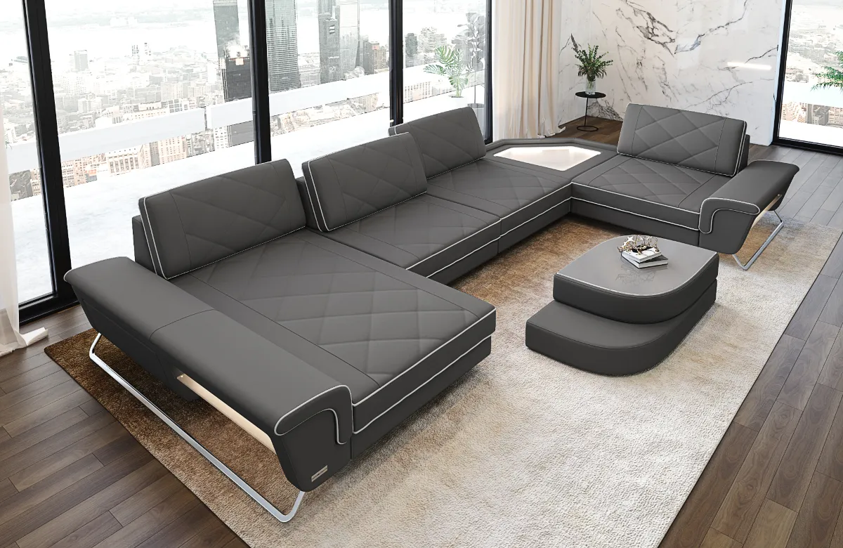 Mikrofaser Wohnlandschaft Dion mit Ottomane & Glas U-Form L