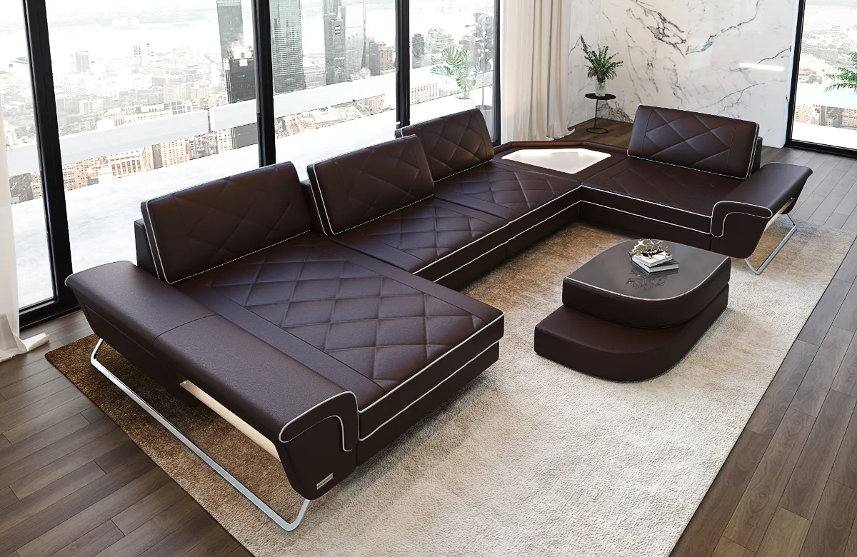 Büffelleder Wohnlandschaft Dion mit Ottomane & Glas U-Form L