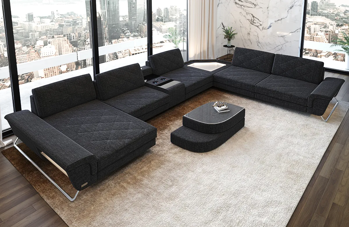 Webstoff Wohnlandschaft Dion mit Ottomane & Glas U-Form XL