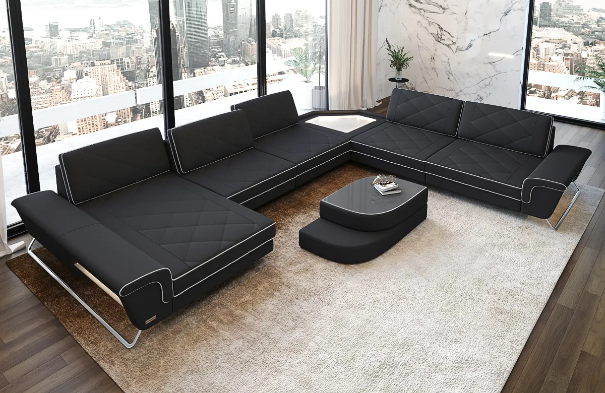 Mikrofaser Wohnlandschaft Dion mit Ottomane & Glas U-Form XL