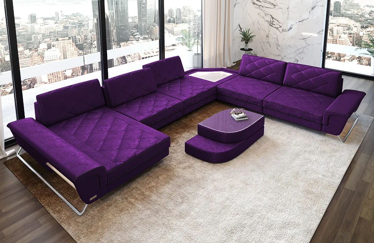 Samtstoff Wohnlandschaft Dion mit Ottomane & Glas U-Form XL