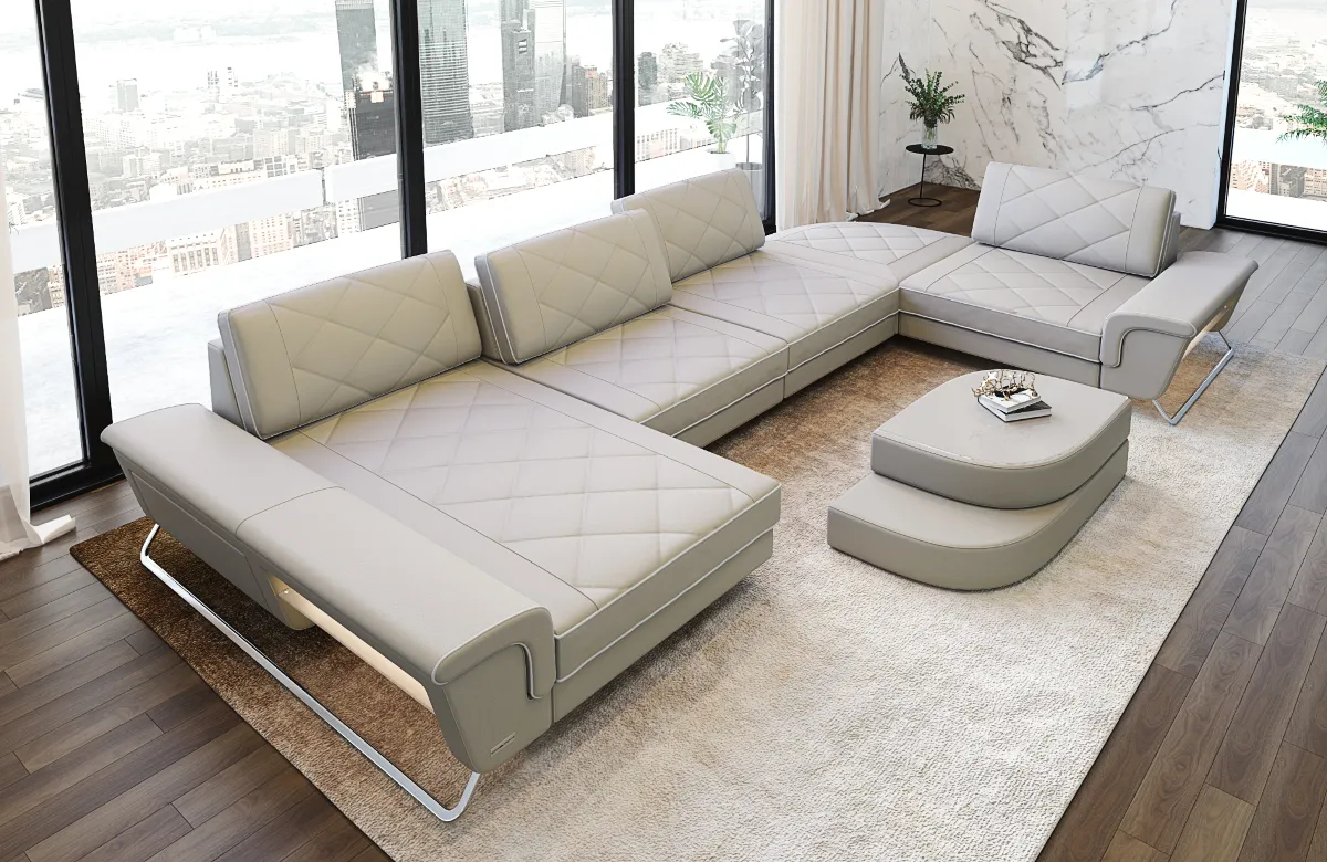 Echtleder Wohnlandschaft Dion mit Ottomane U-Form L