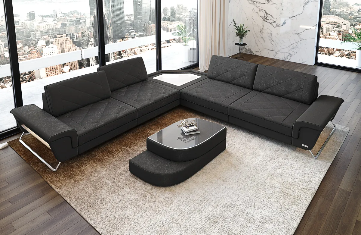 Wildlederoptik Ecksofa Dion mit Glas L-Form (Symmetrisch) M