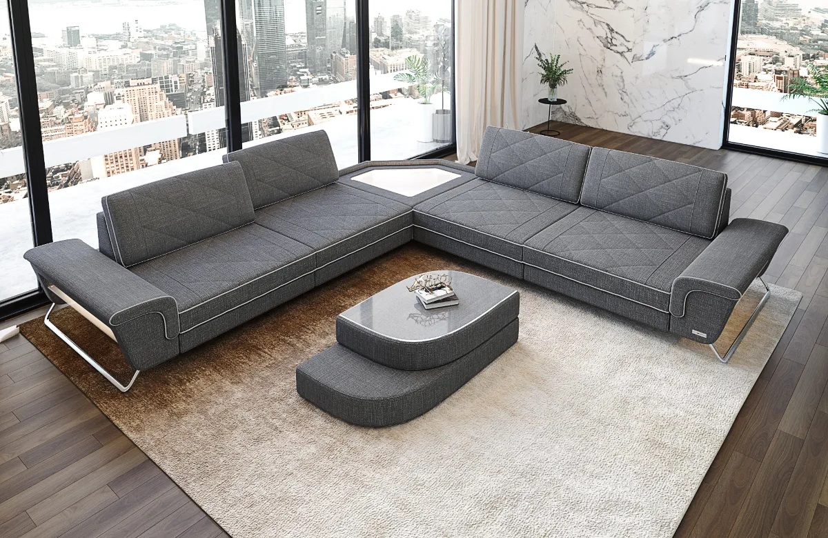 Webstoff Ecksofa Dion mit Glas L-Form (Symmetrisch) M