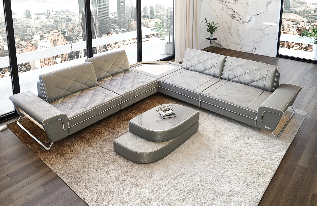 Samtstoff Ecksofa Dion mit Glas L-Form (Symmetrisch) M