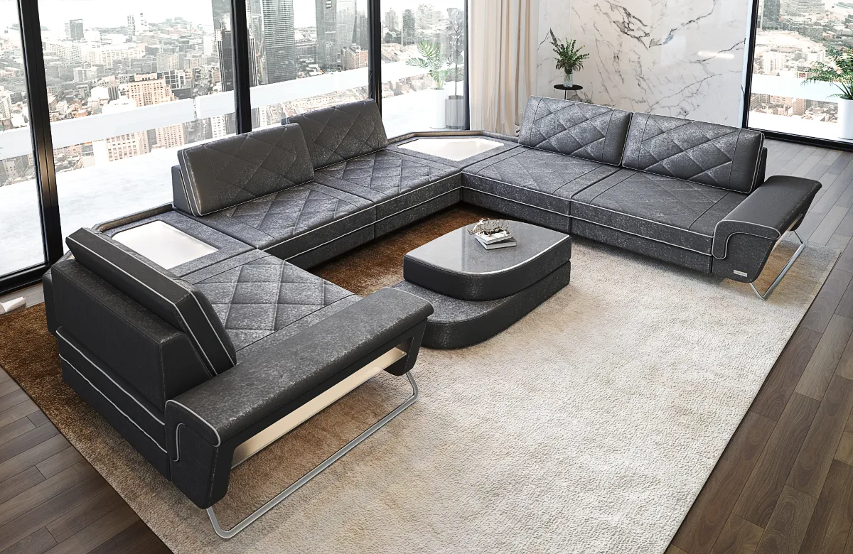 Samtstoff Wohnlandschaft Dion mit Glas U-Form XL