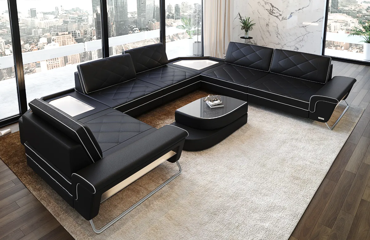 Kunstleder Wohnlandschaft Dion mit Glas U-Form XL