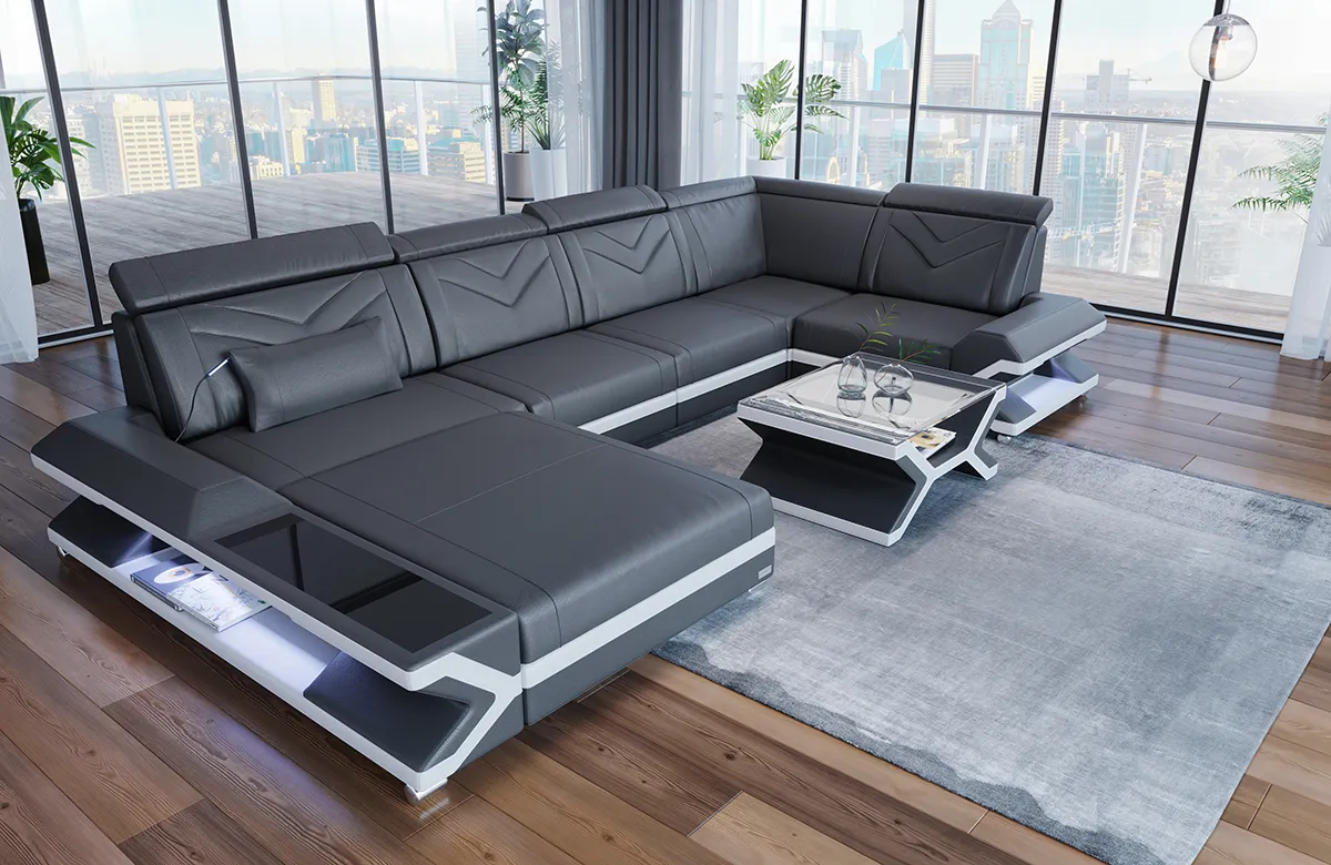 Büffelleder Wohnlandschaft Noctis mit Ottomane U-Form L Mini