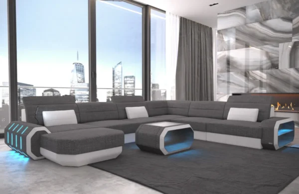 Webstoff Wohnlandschaft Regalia mit Ottomane U-Form XL Mini