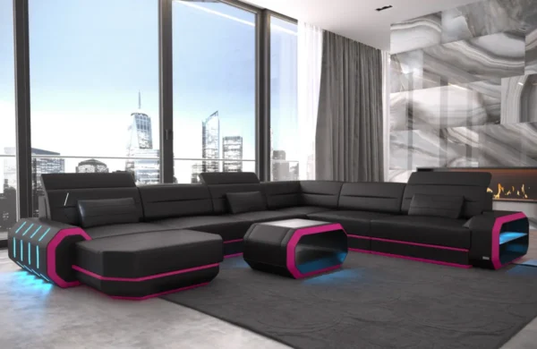 Kunstleder Wohnlandschaft Regalia mit Ottomane U-Form XL Mini – Bild 9