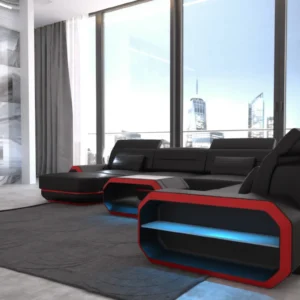Kunstleder Wohnlandschaft Regalia mit Ottomane U-Form XL Mini