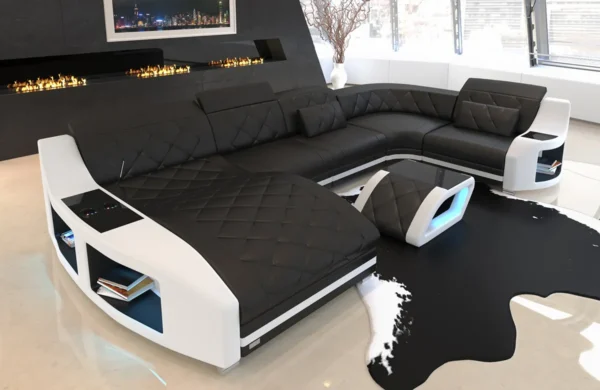Echtleder Wohnlandschaft Sierra mit Ottomane U-Form L Mini