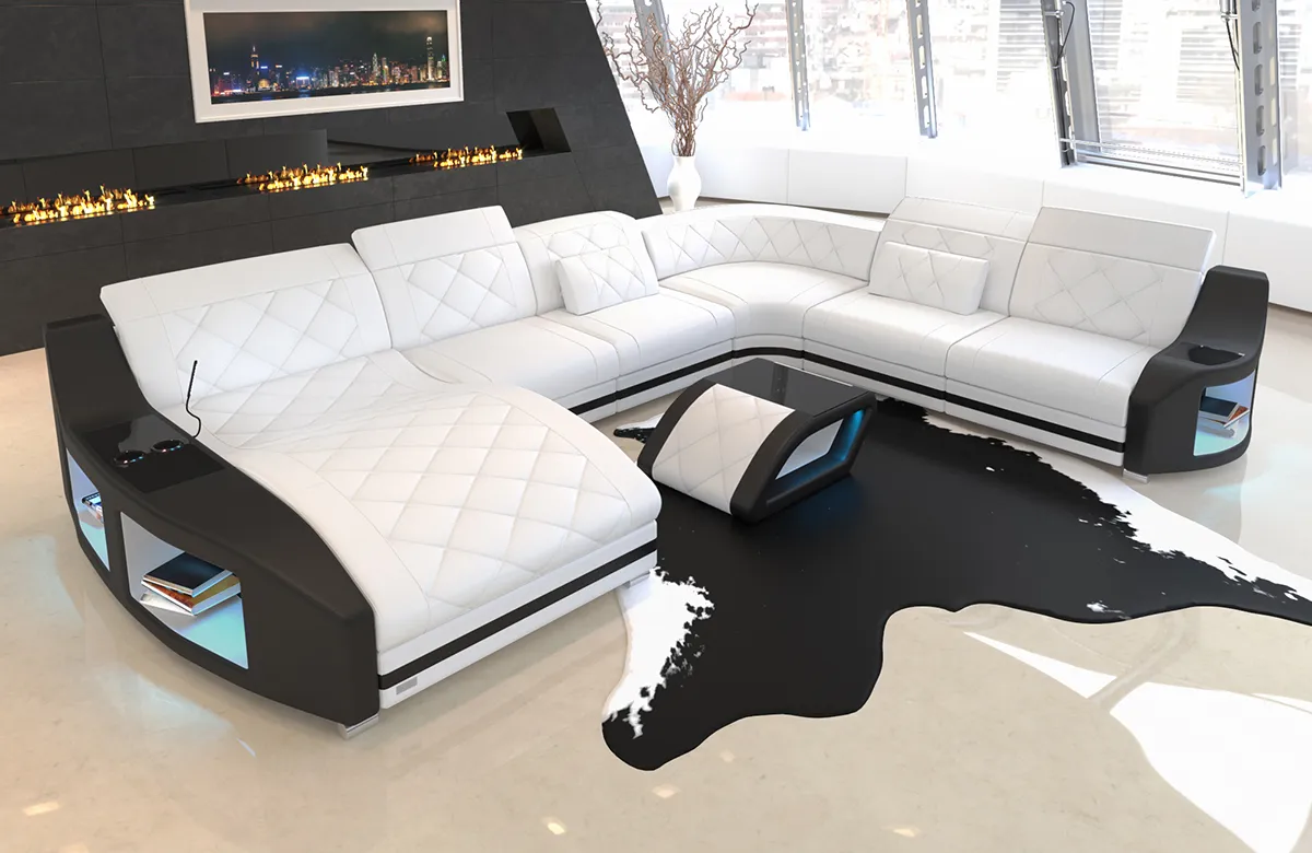 Echtleder Wohnlandschaft Sierra mit Ottomane U-Form XL Mini