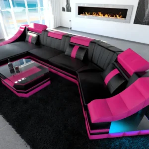 Echtleder Wohnlandschaft Treviano mit Ottomane C-Form L Mini
