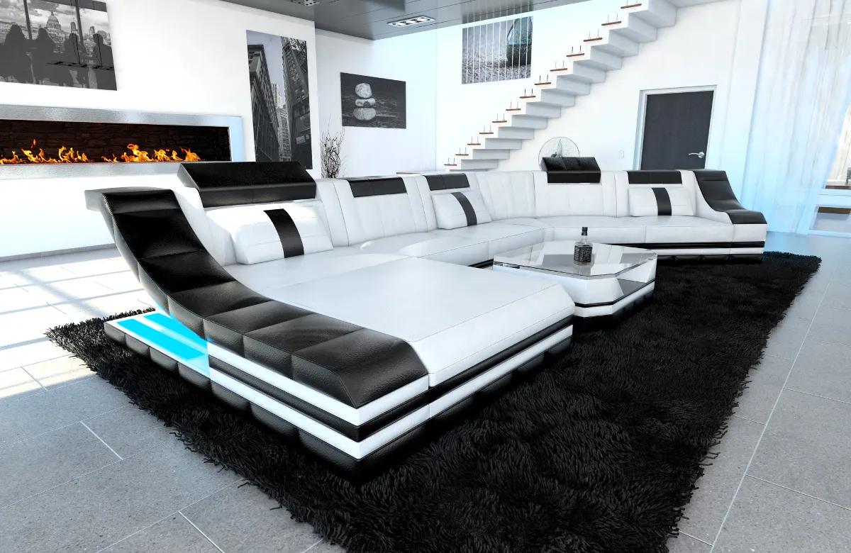 Echtleder Wohnlandschaft Treviano mit Ottomane C-Form XL Mini