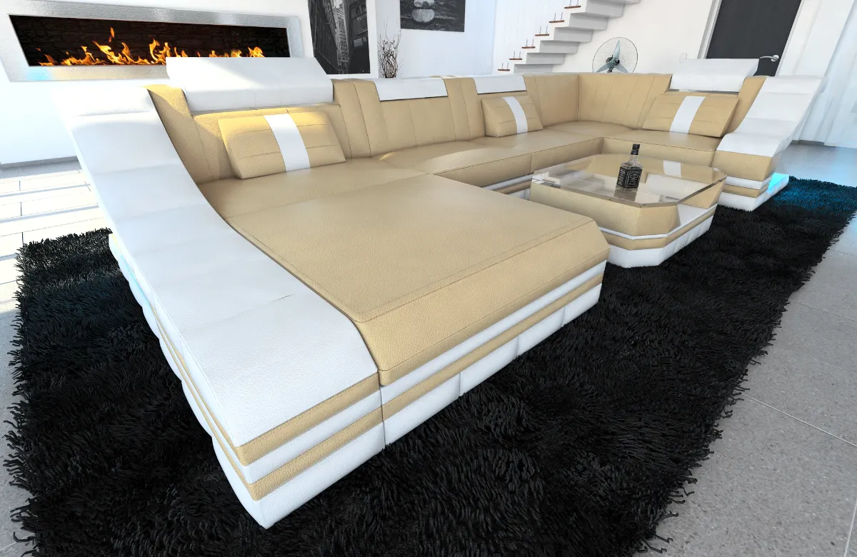 Echtleder Wohnlandschaft Treviano mit Ottomane U-Form L