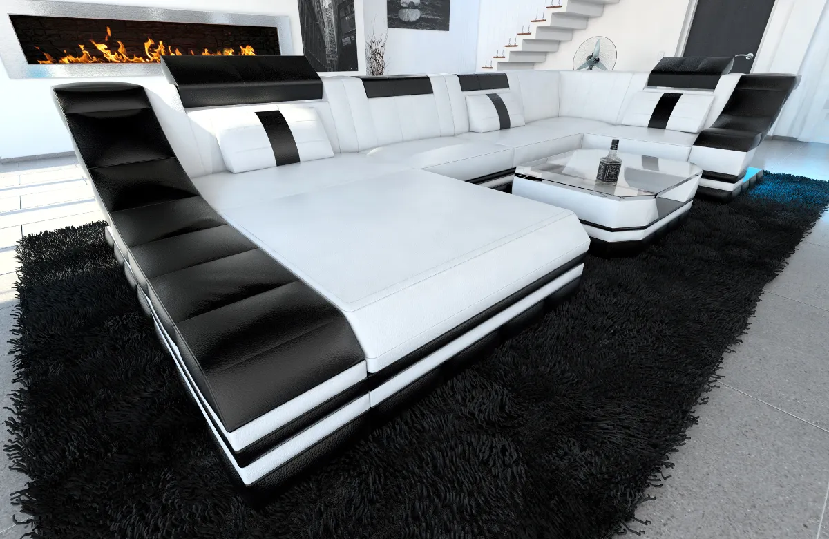 Echtleder Wohnlandschaft Treviano mit Ottomane U-Form L Mini