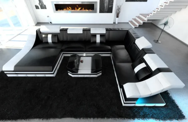 Echtleder Wohnlandschaft Treviano mit Ottomane U-Form XL Mini – Bild 15
