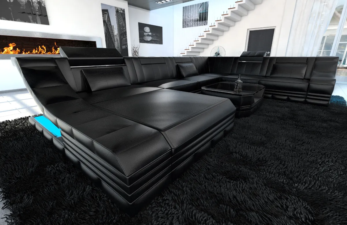 Echtleder Wohnlandschaft Treviano mit Ottomane U-Form XL
