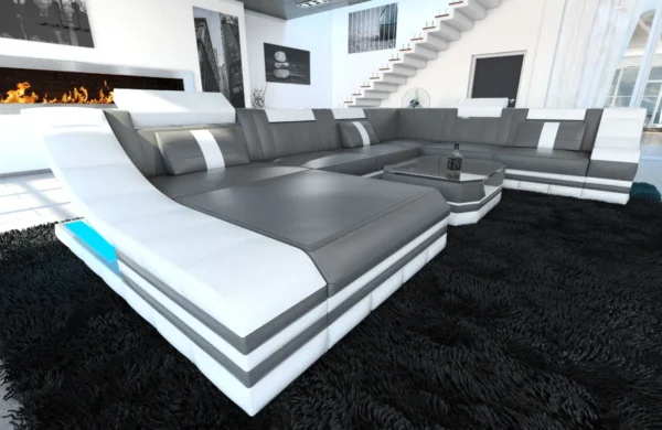 Echtleder Wohnlandschaft Treviano mit Ottomane U-Form XL Mini – Bild 19
