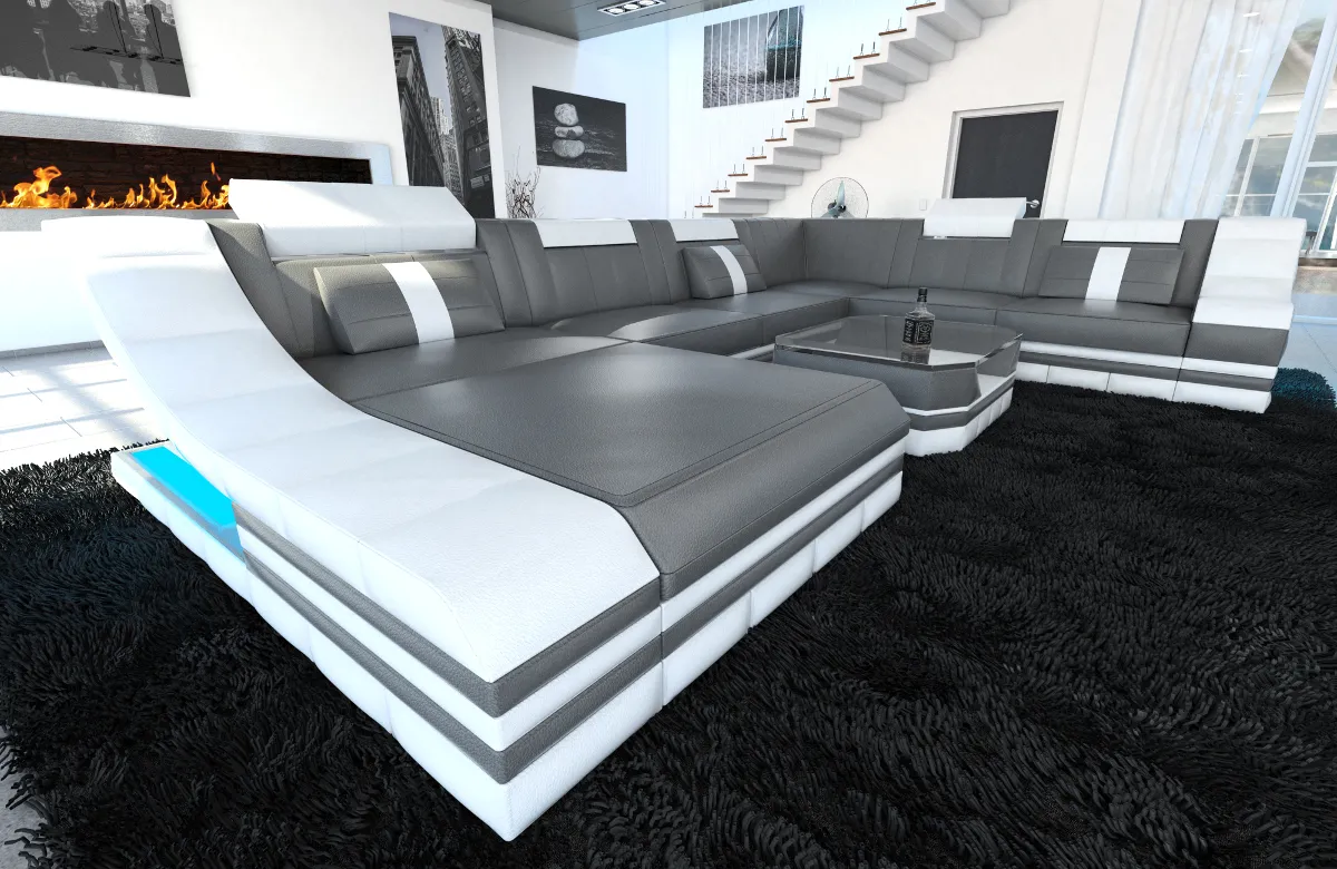 Kunstleder Wohnlandschaft Treviano mit Ottomane U-Form XL Mini
