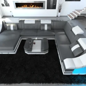 Echtleder Wohnlandschaft Treviano mit Ottomane U-Form XL Mini
