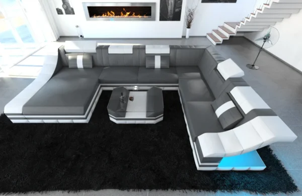 Echtleder Wohnlandschaft Treviano mit Ottomane U-Form XL Mini – Bild 21
