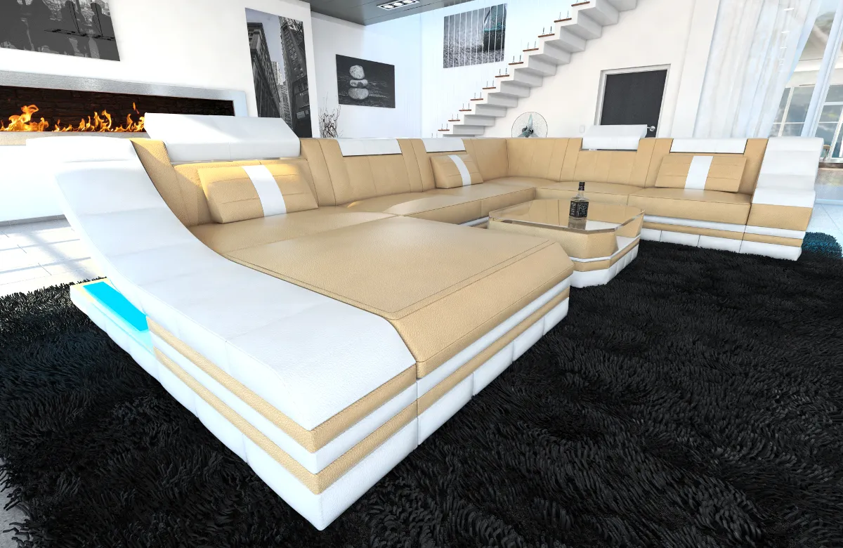Büffelleder Wohnlandschaft Treviano mit Ottomane U-Form XL Mini