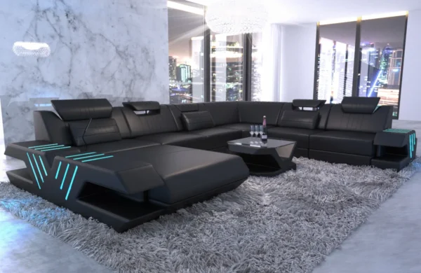 Echtleder Wohnlandschaft Ventura mit Ottomane U-Form XL – Bild 15